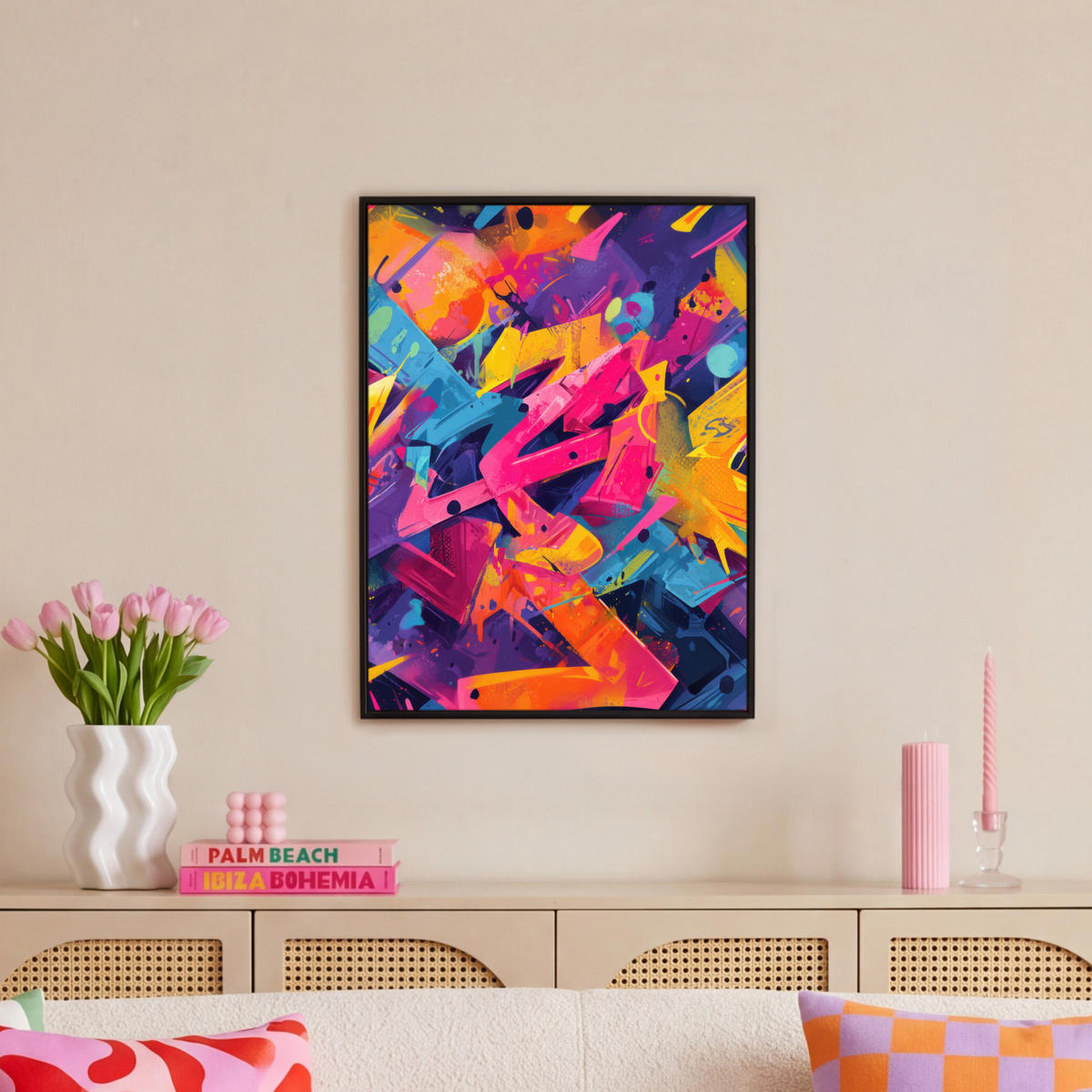 LEINWAND Bilder mit Rahmen - Abstrakt - Formen - Farbenfroh - 60x80 - Magenta, Textil (60/80cm) - MuchoWow