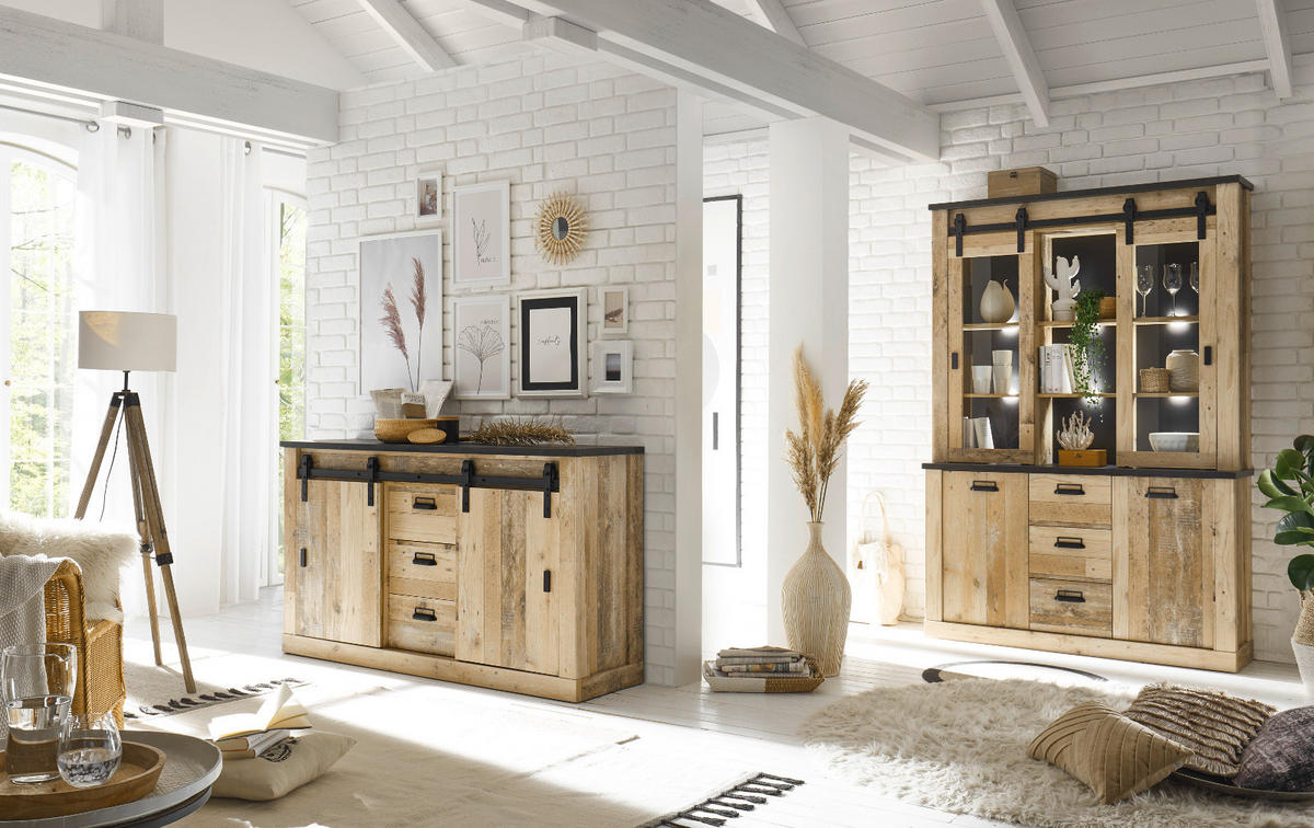 SIDEBOARD Used Wood hell, anthrazit 162 cm, Kommode mit Soft-Close - Anthrazit/Schwarz, Holzwerkstoff/Metall (162/91/43cm) - Furn.Design