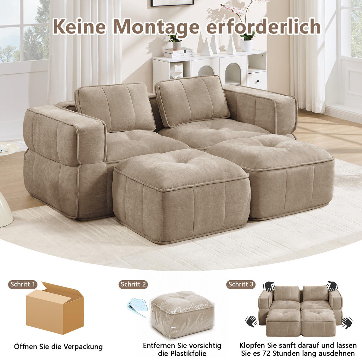 CANAPEA 2 LOCURI cu 2 taburete, minimalist, Poliester-nisipiu - nisipiu, material textil (162/67/198cm) - KOMHTOM