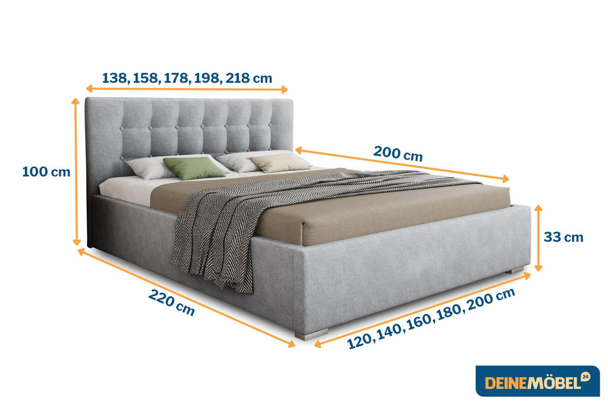 POLSTERBETT KINA 180/200 in Velours Hellgrau - Hellgrau, Holz/Holzwerkstoff (180/200cm) - Deine Möbel 24
