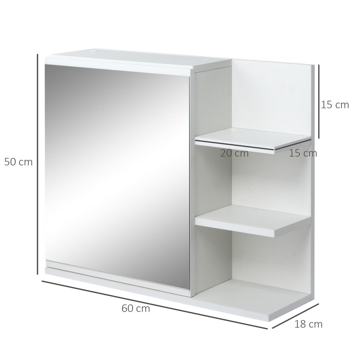SPIEGELSCHRANK mit Tür und 3 seitlichen Holzablagen, 60 x 18 x 50 cm ,Weiß - Weiß, Glas (60/50/18cm) - Vallsero
