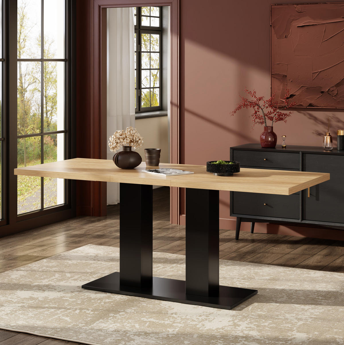 ESSTISCH 140/180/70 cm aus MDF mit Ausziehfunktion und 30 mm Tischplatte, Natur - Hellbraun/Schwarz, Holzwerkstoff (180/70/75cm) - Redom