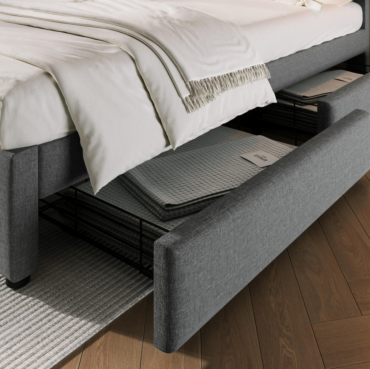 POLSTERBETT 160/200 cm grau mit höhenverstellbarem Kopfteil und 4 Schubladen - Grau, Textil (160/200cm) - OKWISH