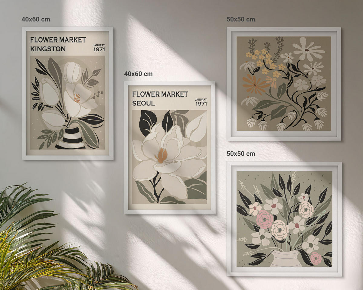 BILDER SET 4er Set - 50x50 cm & 40x60 cm Weißer Rahmen - Retro-Blumen aus Städten rund um die Welt - Weiß, Kunststoff (50/50cm) - TULUP