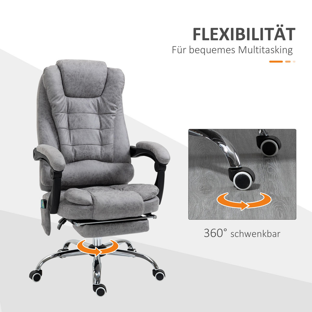 CHEFSESSEL mit Massagefunktion, Schreibtischstuhl mit Liege- & Wärmefunktion Grau - Anthrazit/Silberfarben, Kunststoff/Textil (70/119/65cm) - Vinsetto