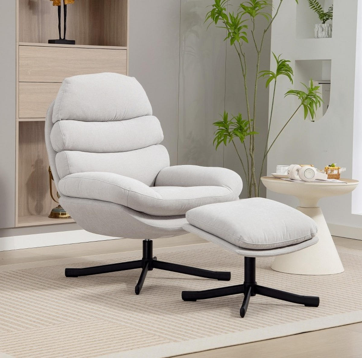 RELAXSESSEL 78/100/93 cm Cremeweiß aus Polyester mit Hocker - Creme, Textil (78/100/93cm) - OKMYHOME