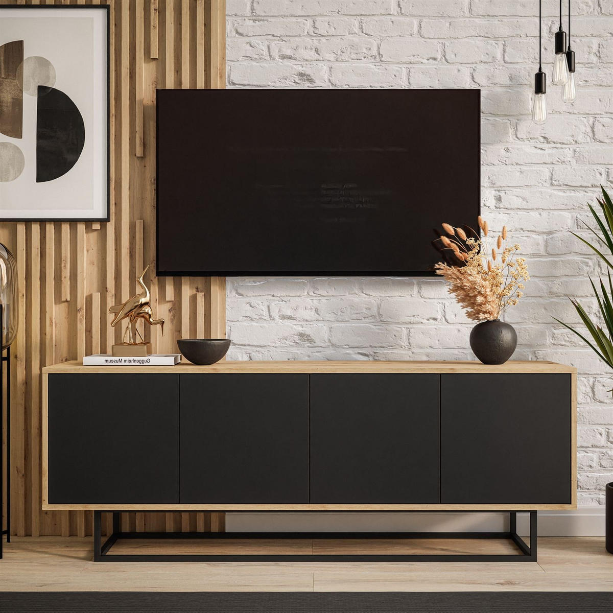 TV-ELEMENT SANAYI II Eiche Artisan/Schwarz auf Metallgestell - Schwarz, Holzwerkstoff (156/56/38cm) - Lookway