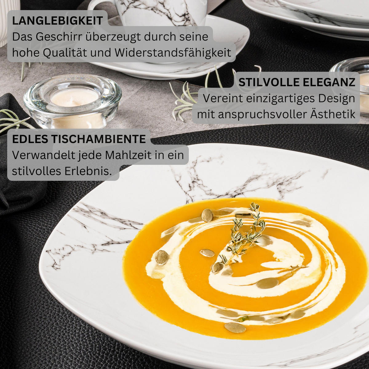 TAFELSERVICE BILGOLA MARMOR DESIGN - 24 teilig aus Porzellan - Weiß, Keramik (25/4.5/15cm) - Sänger