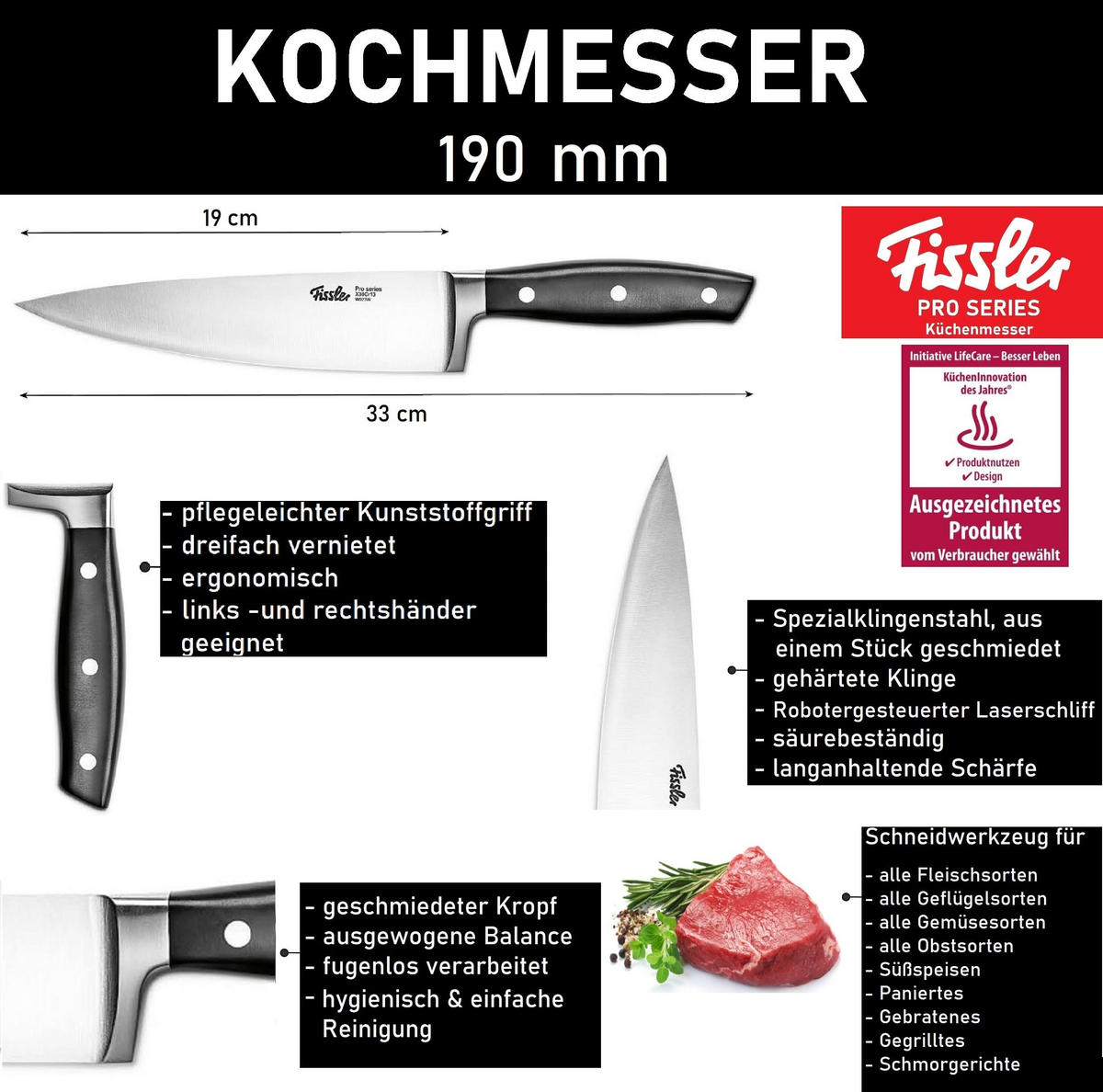 KOCHMESSER Profi Silber 19 cm – Multifunktionales Küchenmesser für Schneiden, Hacken & Zubereitung - Silberfarben, Metall (35cm) - Fissler