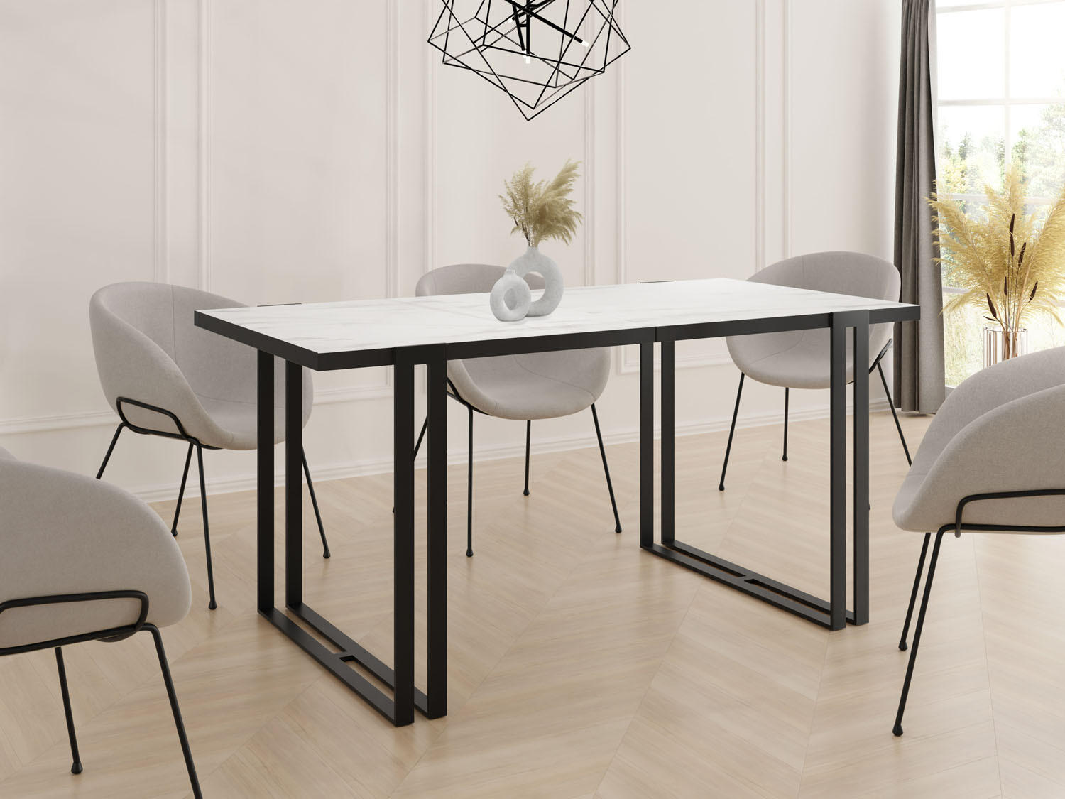ESSTISCH Marina rechteckig ausziehbar, Marmor Weiß 160-260/90/76 cm - Ecru/Schwarz, Holzwerkstoff/Metall (160/90/76cm) - WFL GROUP