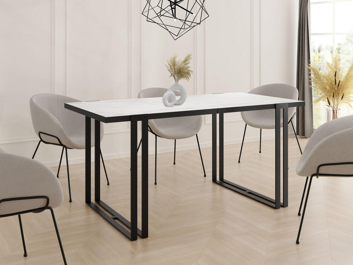 ESSTISCH Marina rechteckig ausziehbar, Marmor Weiß 120-220/80/76 cm - Ecru/Schwarz, Holzwerkstoff/Metall (120/80/76cm) - WFL GROUP