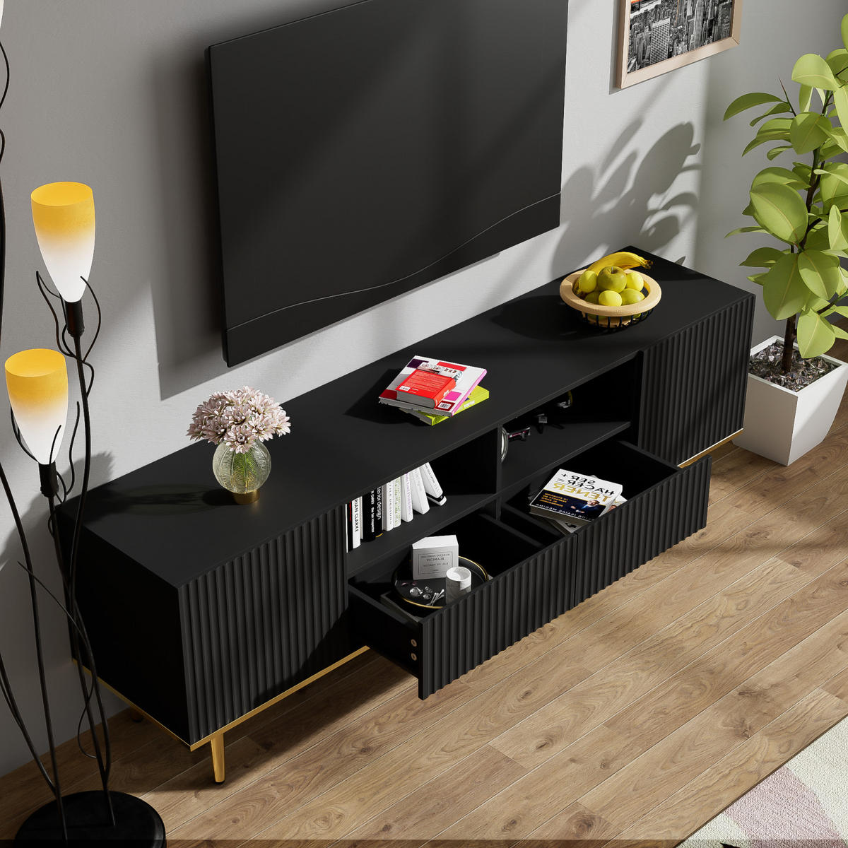 TV Lowboard goldene Füße, Stauraum, Schwarz - Schwarz, Holz (165/55/36cm)