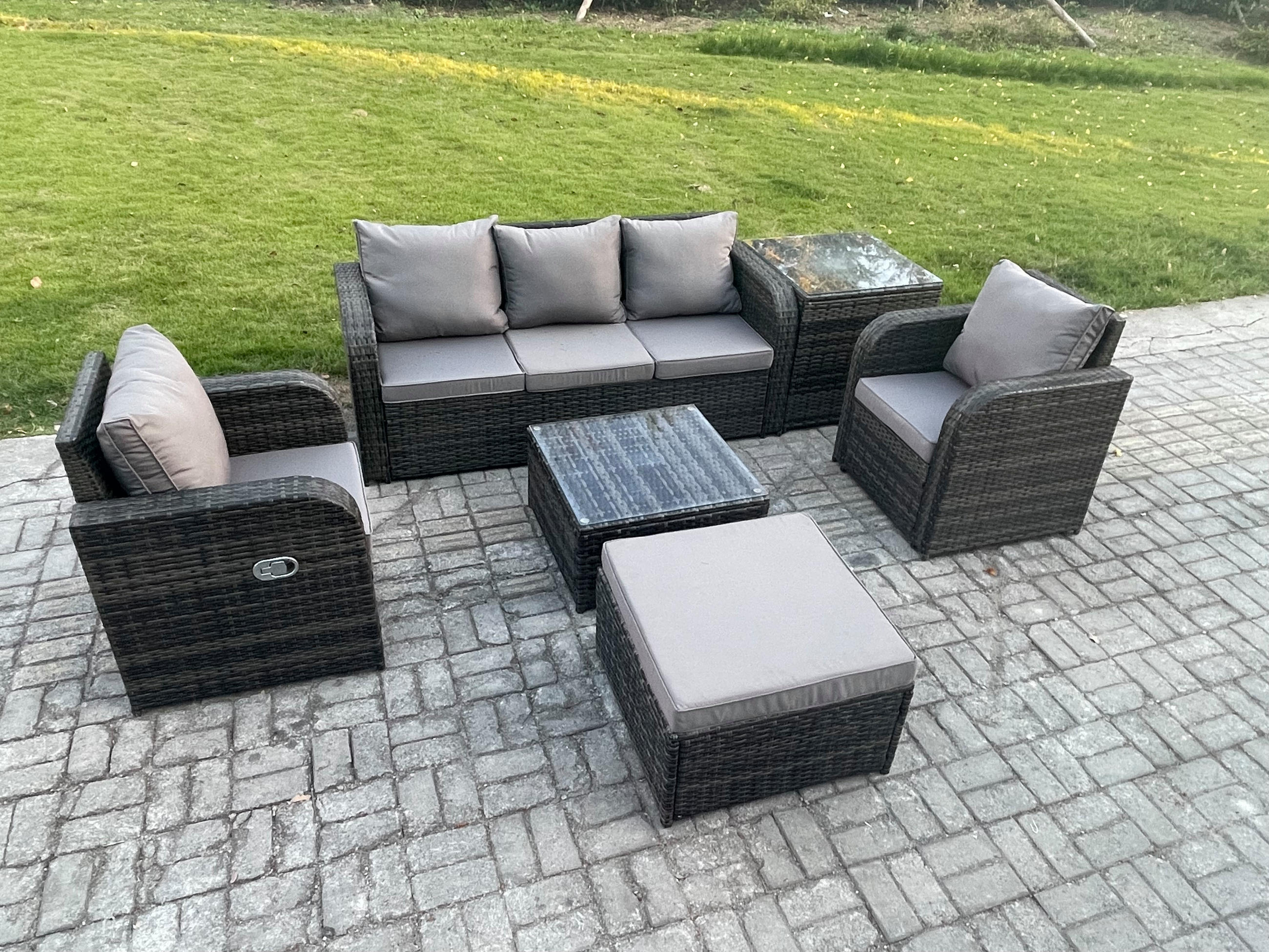 GARTENMÖBELGARNITUR mit KISSEN Polyrattan Dunkelgrau 6-Sitzer - Dunkelgrau/Grau, Glas/Kunststoff - Fimous