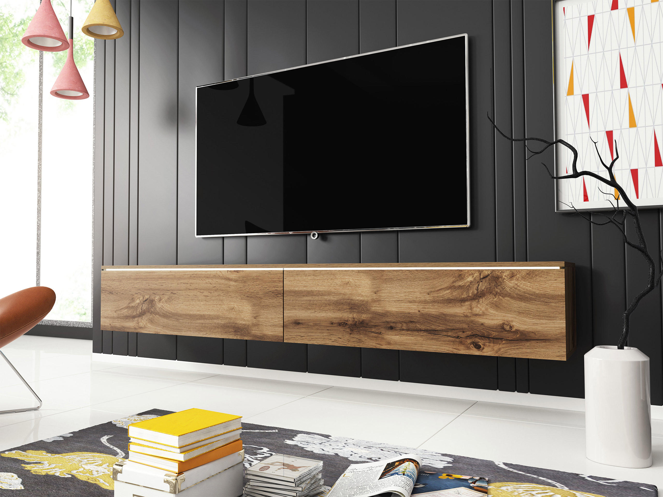 TV-LOWBOARD D180 mit weißer LED Beleuchtung - Silberfarben/Eiche Wotan, Holzwerkstoff/Kunststoff (180/30/33cm) - MIRJAN24