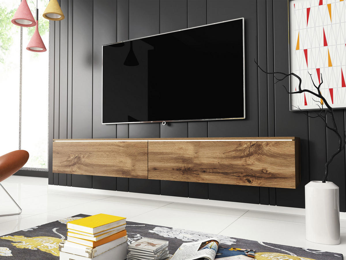 TV-LOWBOARD D180 mit weißer LED Beleuchtung - Silberfarben/Eiche Wotan, Holzwerkstoff/Kunststoff (180/30/33cm) - MIRJAN24
