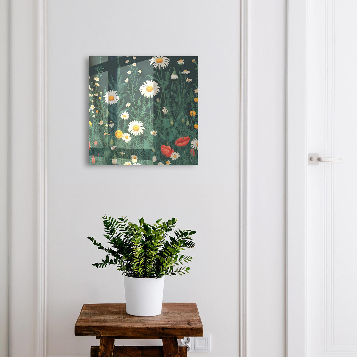 SCHLÜSSELBOX Weiß 30x30 cm – Türöffnung nach rechts - Blumenwiese - Grün, Metall (30/30/5cm) - TULUP