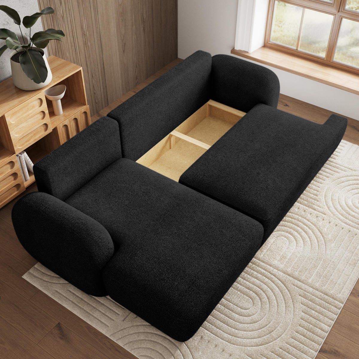 ECKSOFA MODENZA N L-S Schwarz Boucle-Stoff mit Schlaffunktion - Schwarz, Holz (266/148cm) - MASSENO
