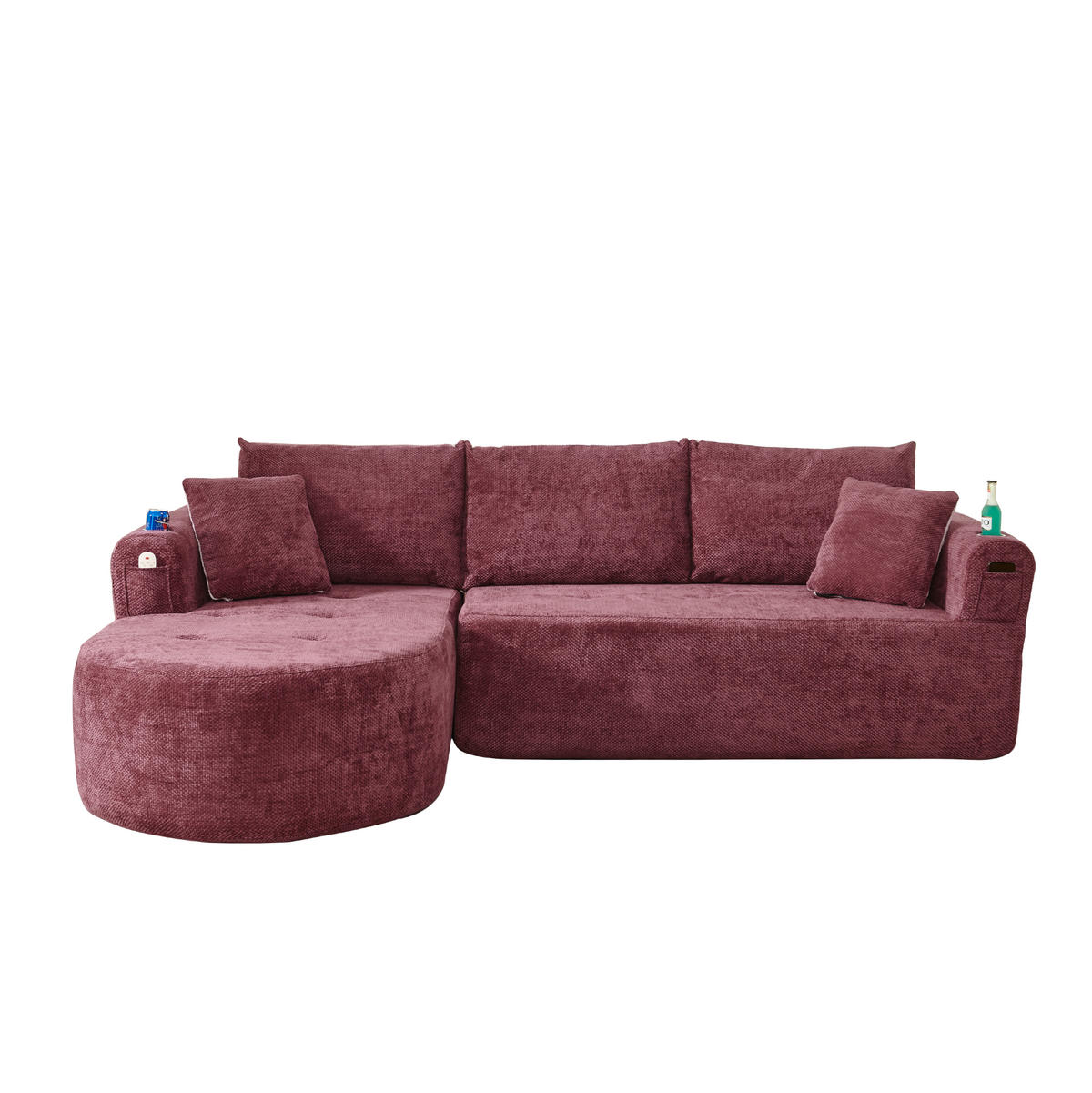 ECKSOFA in L-Form mit Edelstahl-Becherhalter, Seitentaschen und montagefreiem Design, Bordeauxrot - Bordeaux, Textil (255/170cm) - Redom
