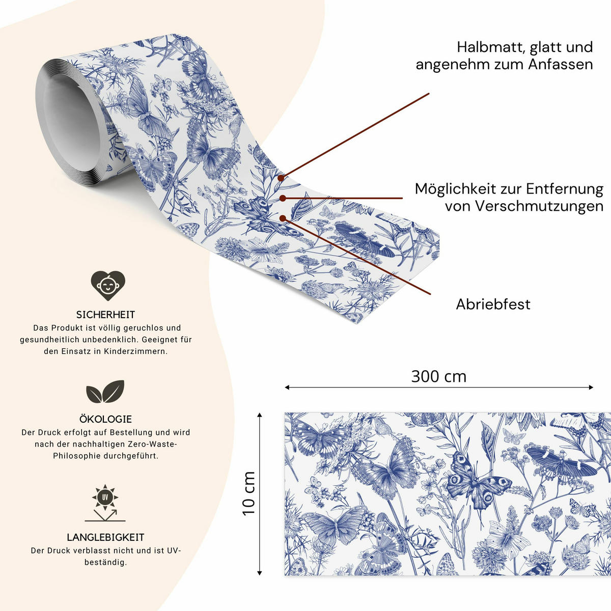 TAPETENBORDÜRE selbstklebend Blumen Schmetterlinge Pflanzen - Blau/Beige, Papier (10/300/300cm) - Muralo