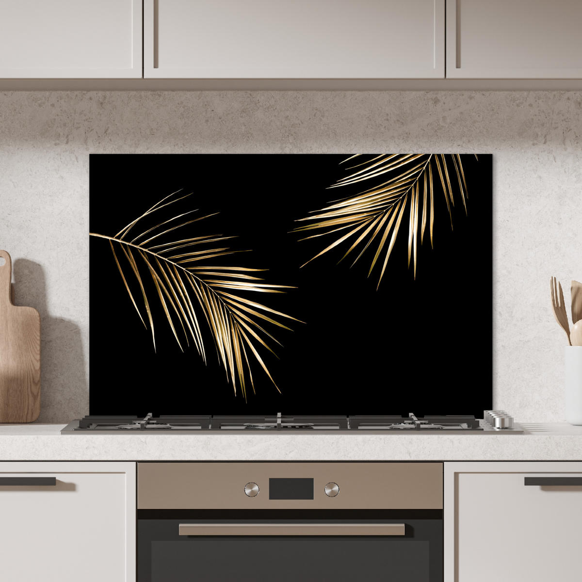 SPRITZSCHUTZ KÜCHE Blätter - Pflanzen - Gold - Schwarz - Luxus 90x60 cm - Goldfarben, Metall (90/0.3/60cm) - MuchoWow