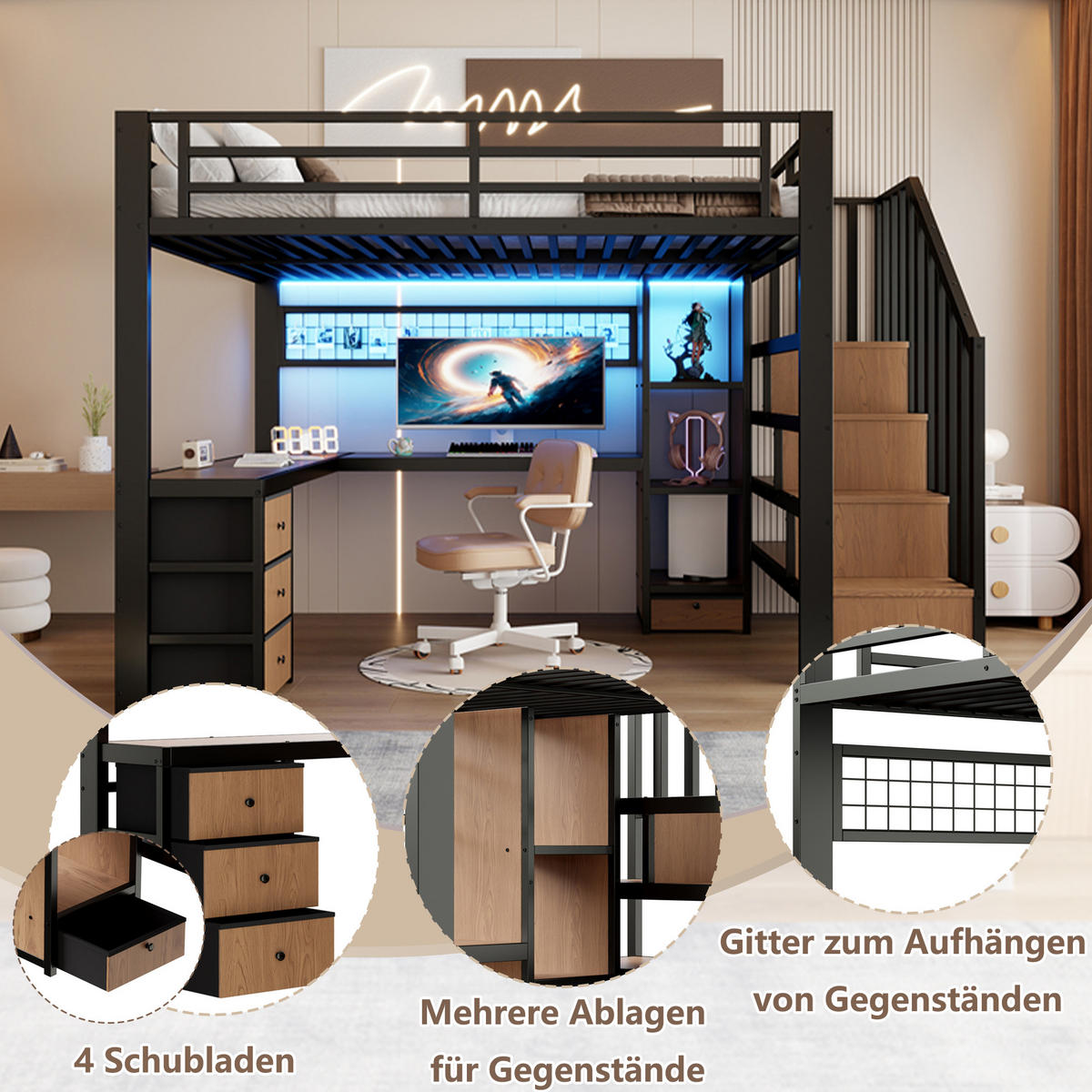 HOCHBETT 140/200 cm in Schwarz mit 4 Schubladen, LED, Schreibtisch und Ablage Metall Kinderbett - Schwarz, Holzwerkstoff/Metall (140/200cm) - STILVORA