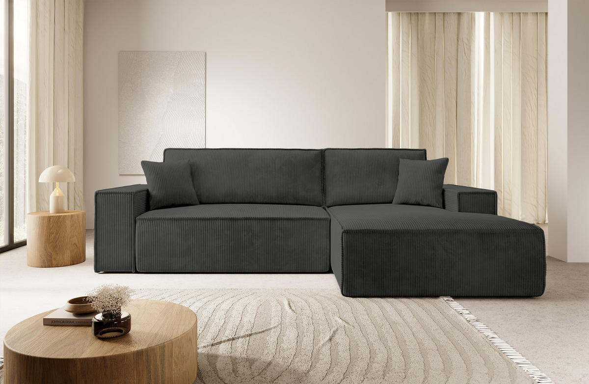 ECKSOFA Farese Dunkelgrau Cordbezug - Dunkelgrau/Schwarz, Kunststoff/Textil (267/167cm) - Selsey