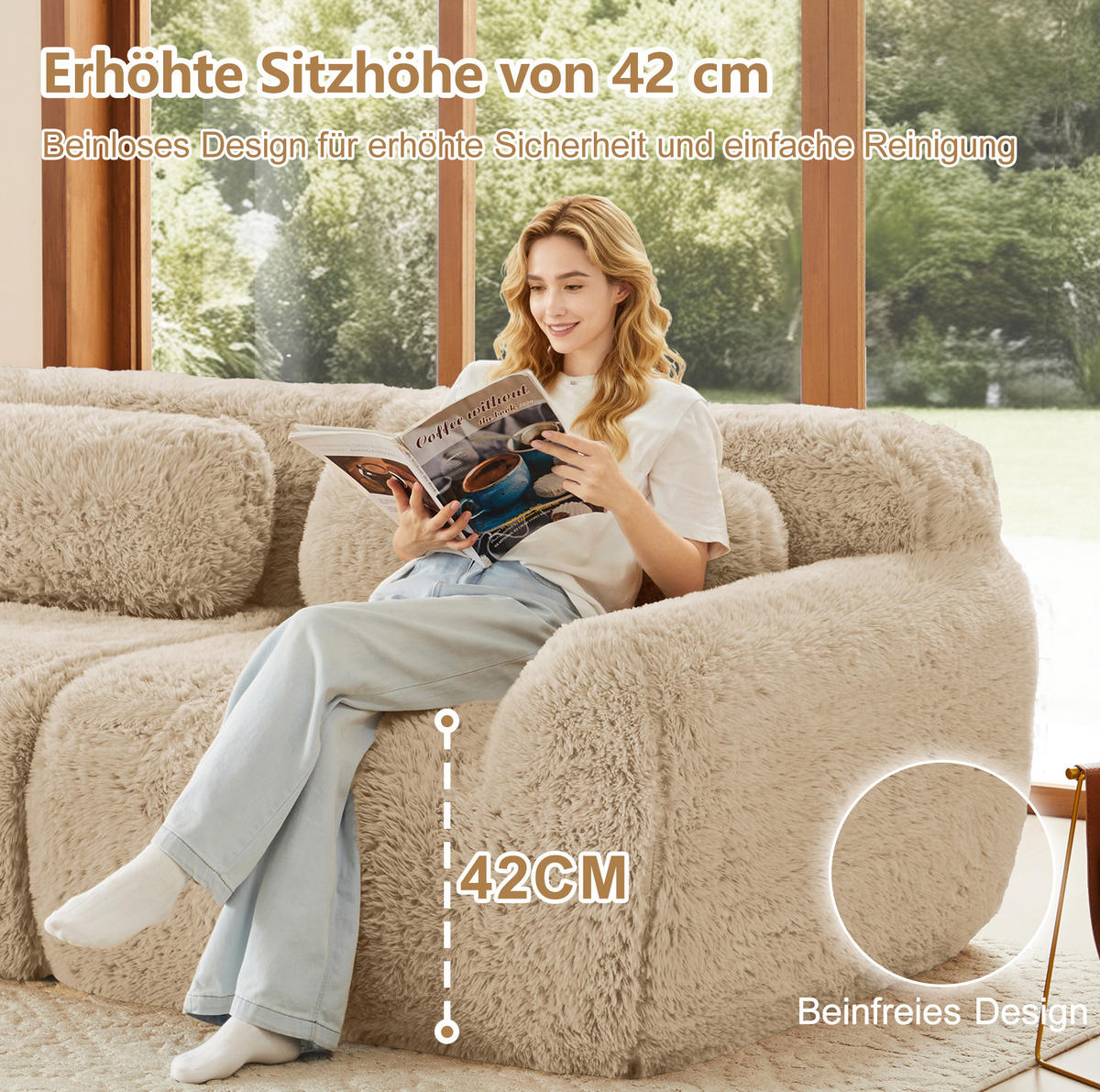 2-SITZER Sofa aus Plüsch in Beige mit modularem Design - Beige, Textil (104/73/204cm) - Modfu