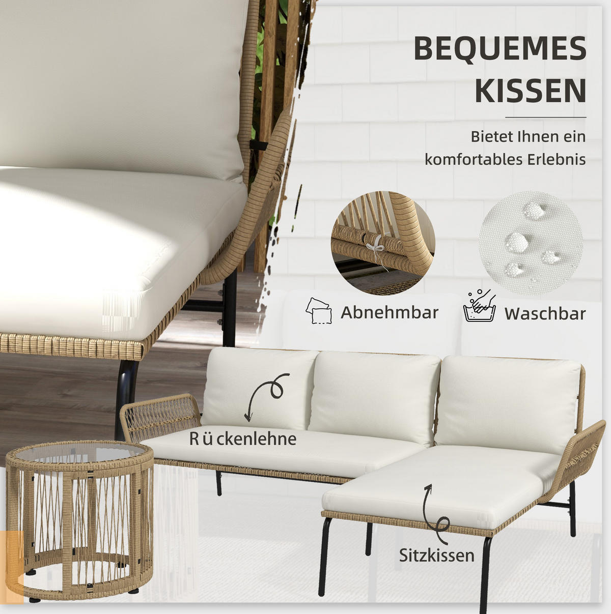 GARTENMÖBEL-SET 3-teilig mit Sonnenliege, Zweisitzer, Glastisch und Polstern, Cremeweiß - Weiß, Metall - Redom