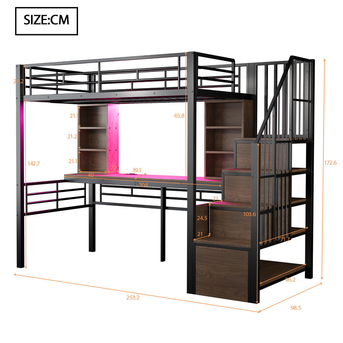 HOCHBETT 90/200 cm DE-01533, in Schwarz, mit Schreibtisch, Steckdose, LED und Stauraumtreppe - Schwarz, Metall (90/200cm) - ComfortXL