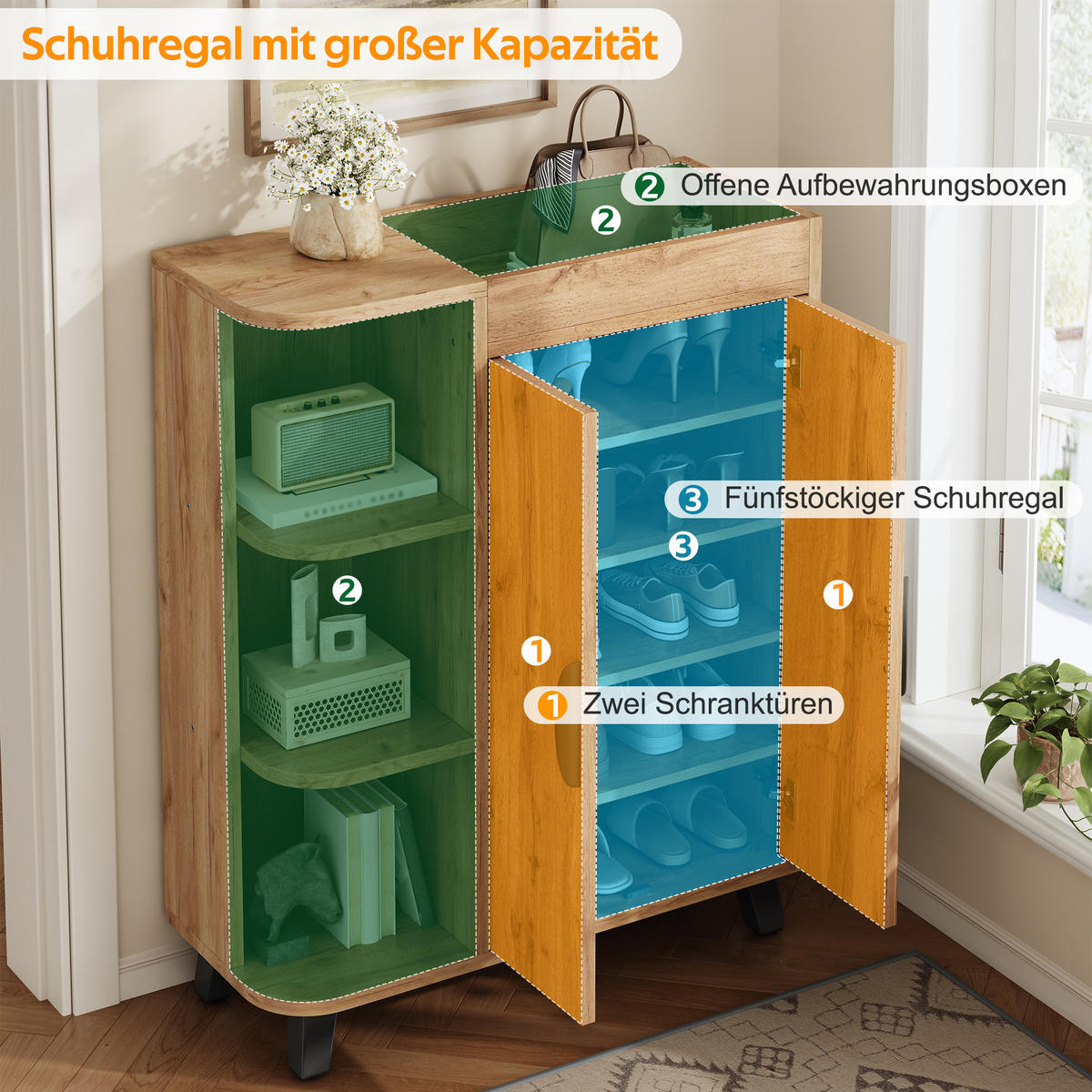 SCHUHSCHRANK schmal 2 Türen offen Holzoptik Ablage Flur klein - Naturfarben, Holzwerkstoff (32/99/80cm) - FLIEKS