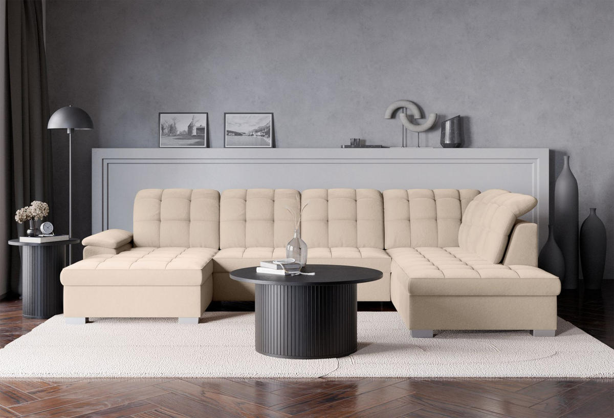 WOHNLANDSCHAFT Jamaal Beige Velours linksseitig - Beige/Schwarz, Textil (330/106/212cm) - Selsey