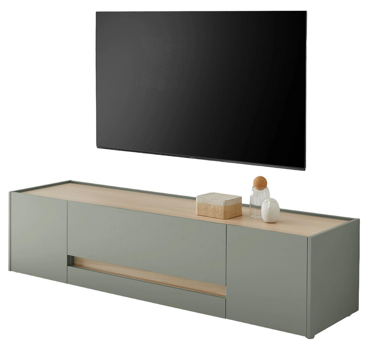 TV-LOWBOARD in Salbei grün, Barista Eiche 170 cm, TV Unterteil mit Doppel-Schubkasten - Salbeigrün/Eichefarben, Holzwerkstoff/Kunststoff (170/40/45cm) - Furn.Design