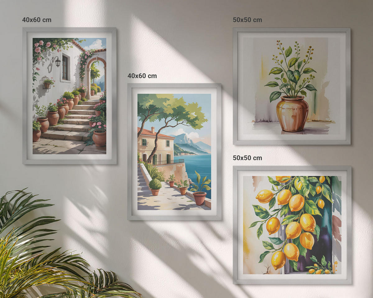 BILDER SET 4er Set - 50x50 cm & 40x60 cm Silberner Rahmen - Zitronenblüten am Meer - Silberfarben, Kunststoff (50/50cm) - TULUP