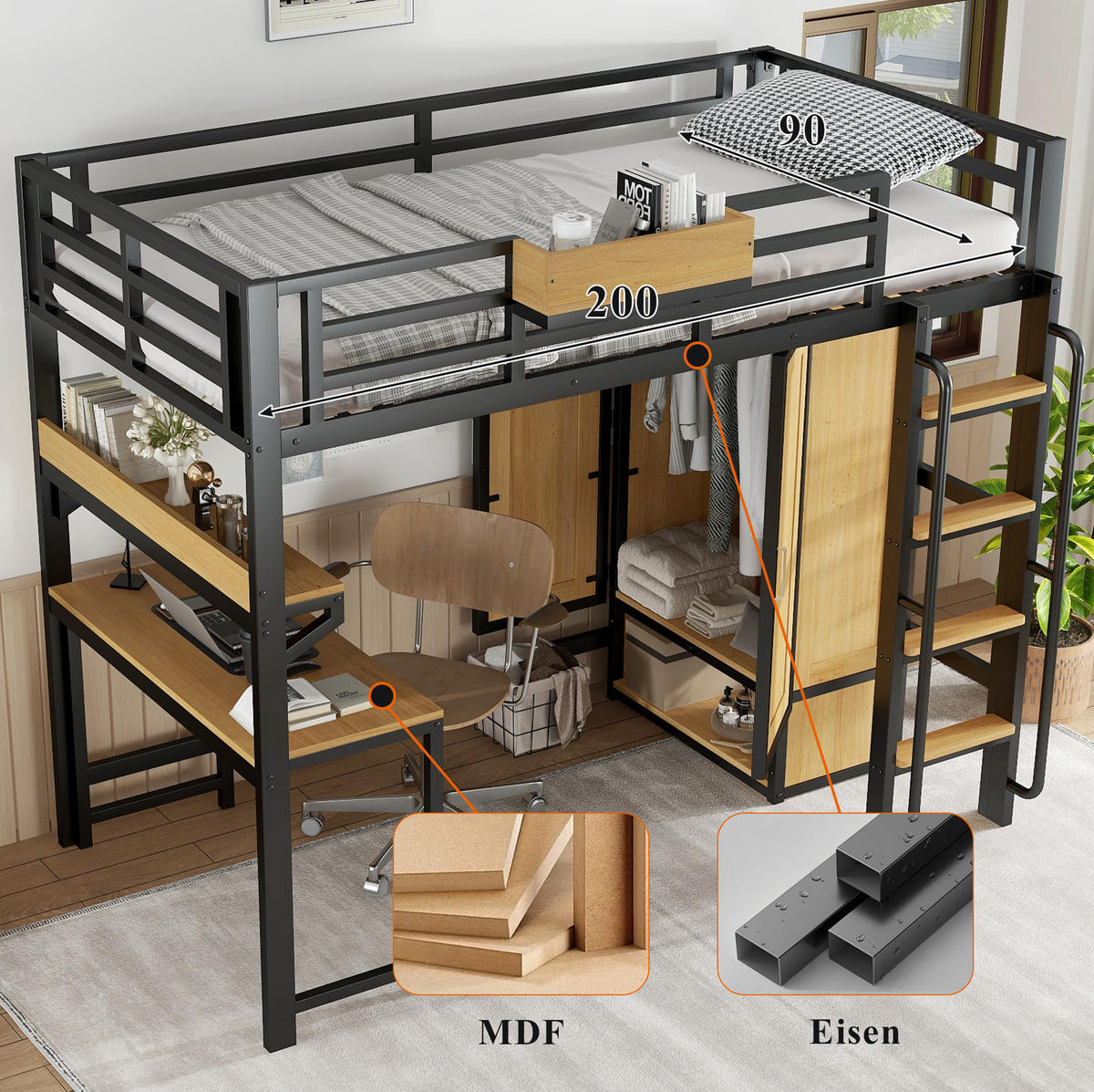 HOCHBETT 90/200 cm Schwarz/Natur aus Metall und Holzwerkstoff mit Kleiderschrank und Schreibtisch - Schwarz, Metall (90/200cm) - OKMYHOME