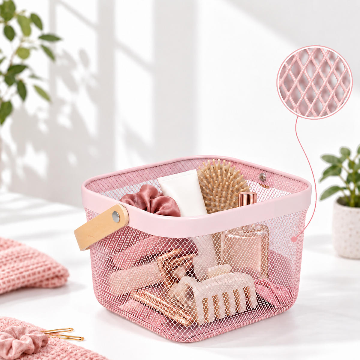 AUFBEWAHRUNGSKORB Rosa Metall Holzgriff - Rosa, Holz/Metall (26/17.5/24.5cm) - Relaxdays