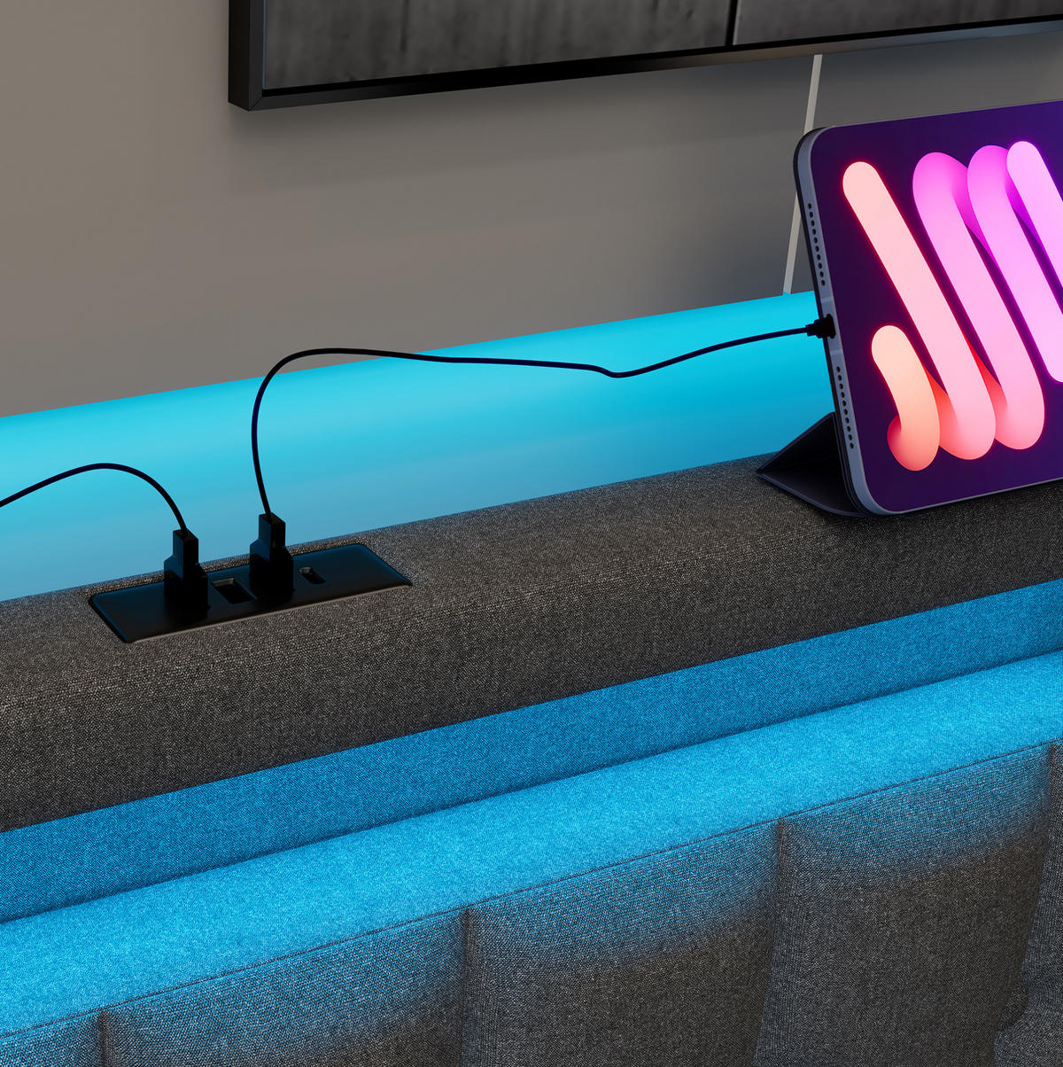 POLSTERBETT 90/200 cm Grau aus Leinen mit LED-Beleuchtung, Ladefunktion und 2 Schubladen - Grau, Textil (90/200cm) - OKMYHOME