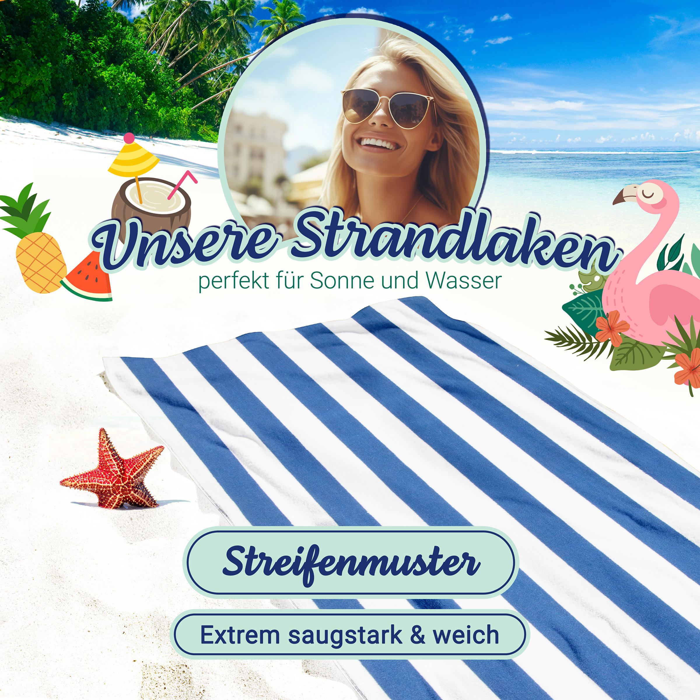 STRANDTUCH, 2er-Set, 70x180 cm, 100% Baumwolle, Blau - Blau, Textil (70/180cm) - Zollner