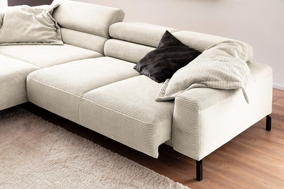 ECKSOFA MIT MOTORISCHEM SITZVORZUG DELIA Cremeweiß Cord - Creme/Schwarz, Textil/Metall (312/219cm) - KAWOLA