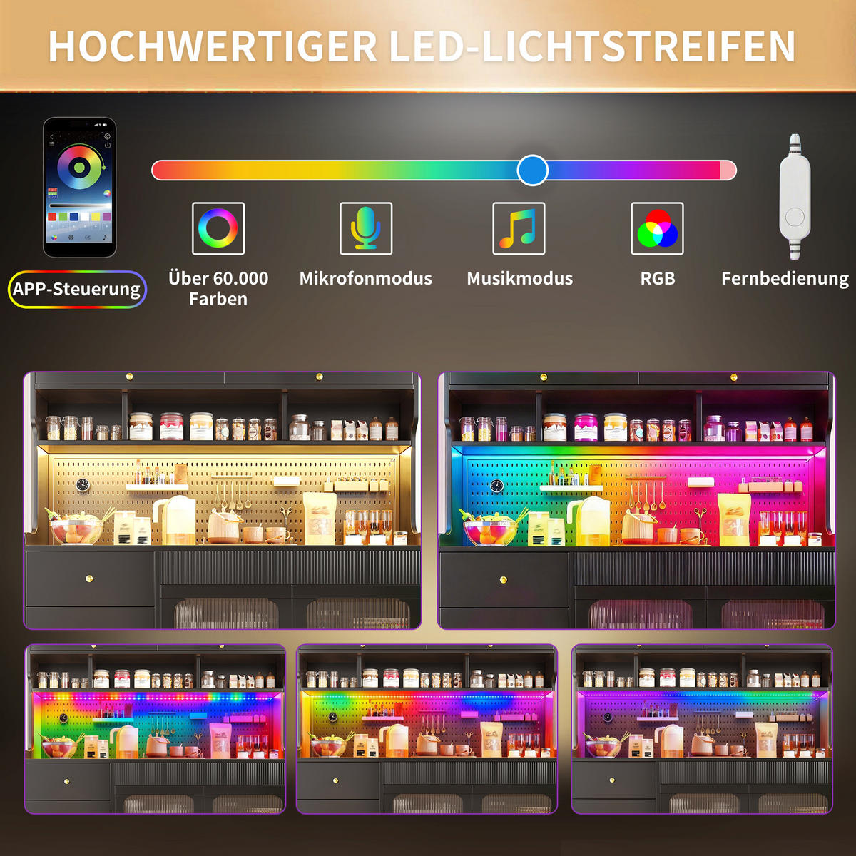 KÜCHENSCHRANK Schwarz mit LED & App-Steuerung, Lift-up-Glastüren & Lochwand - Schwarz, Holzwerkstoff (145/71/39cm) - Urban Meuble