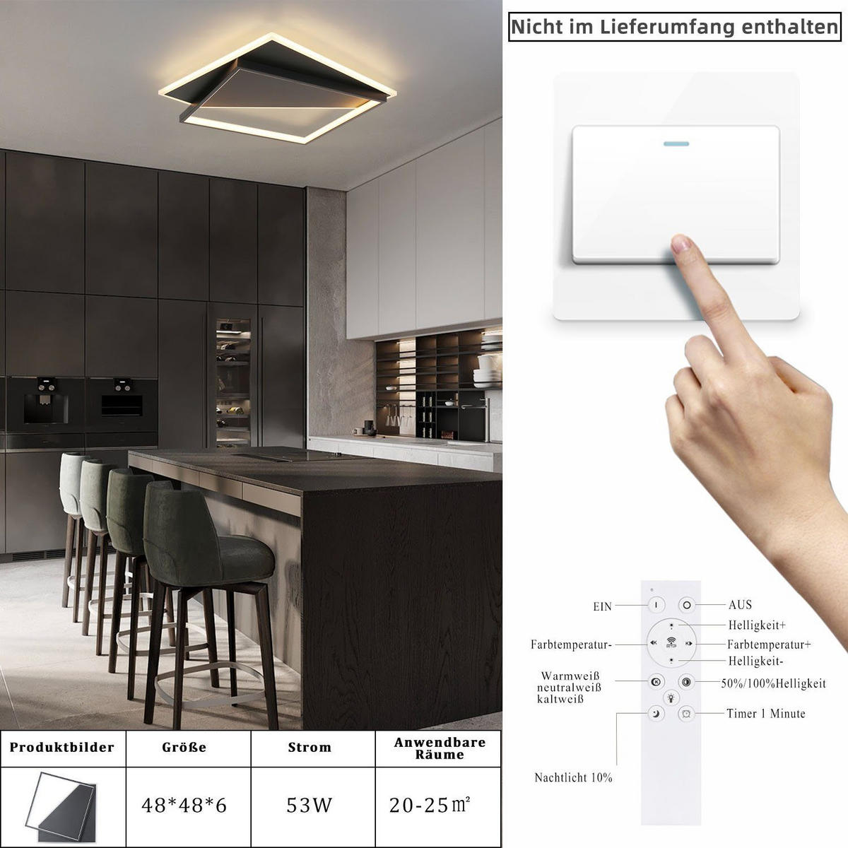 LED-DECKENLEUCHTE Schwarzwall 48.0/5.5/48.0 cm - Schwarz, Metall (48/48/5.5cm) - ZMH