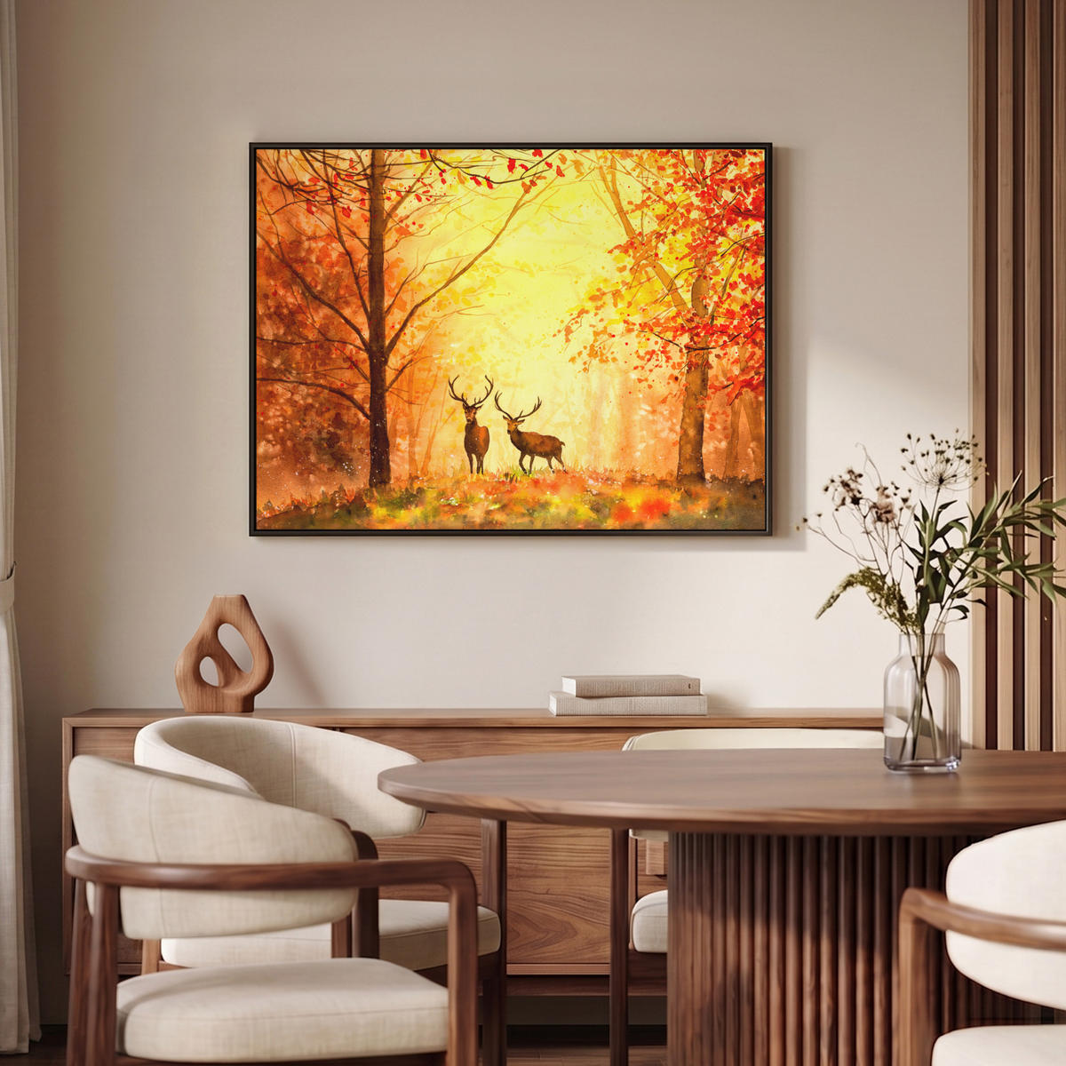 LEINWAND Bilder mit Rahmen - Natur - Ölfarbe - Hirsche - Tiere - Herbst - Orange - 100x70 - Orange, Textil (100/70cm) - MuchoWow