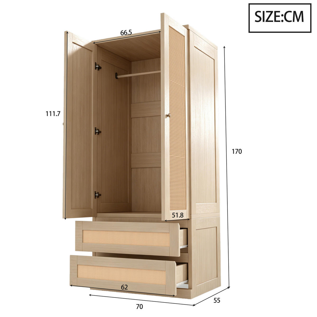 ŠATNÍ SKŘÍŇ v barvě dřeva, umělý ratan, dvojitá dvířka se 2 zásuvkami - přírodní, kompozitní dřevo (70/170/55cm) - Urban Meuble