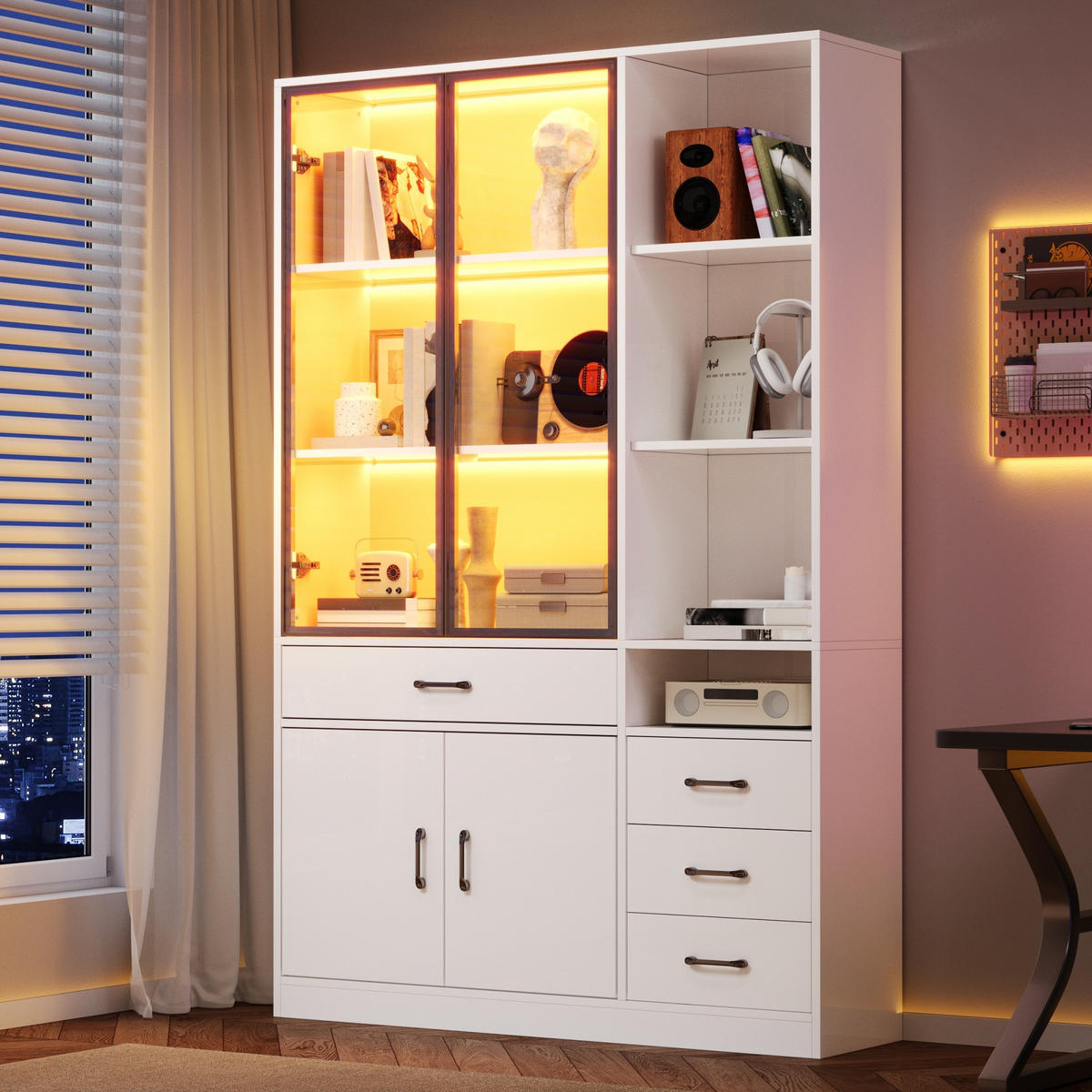 VITRINE in Weiß Hochschrank mit Glasvitrine, Schubladen und LED, 120/35/200cm, für Esszimmer und Wohnzimmer - Transparent/Weiß, Glas/Holzwerkstoff (120/200/35cm) - STILVORA