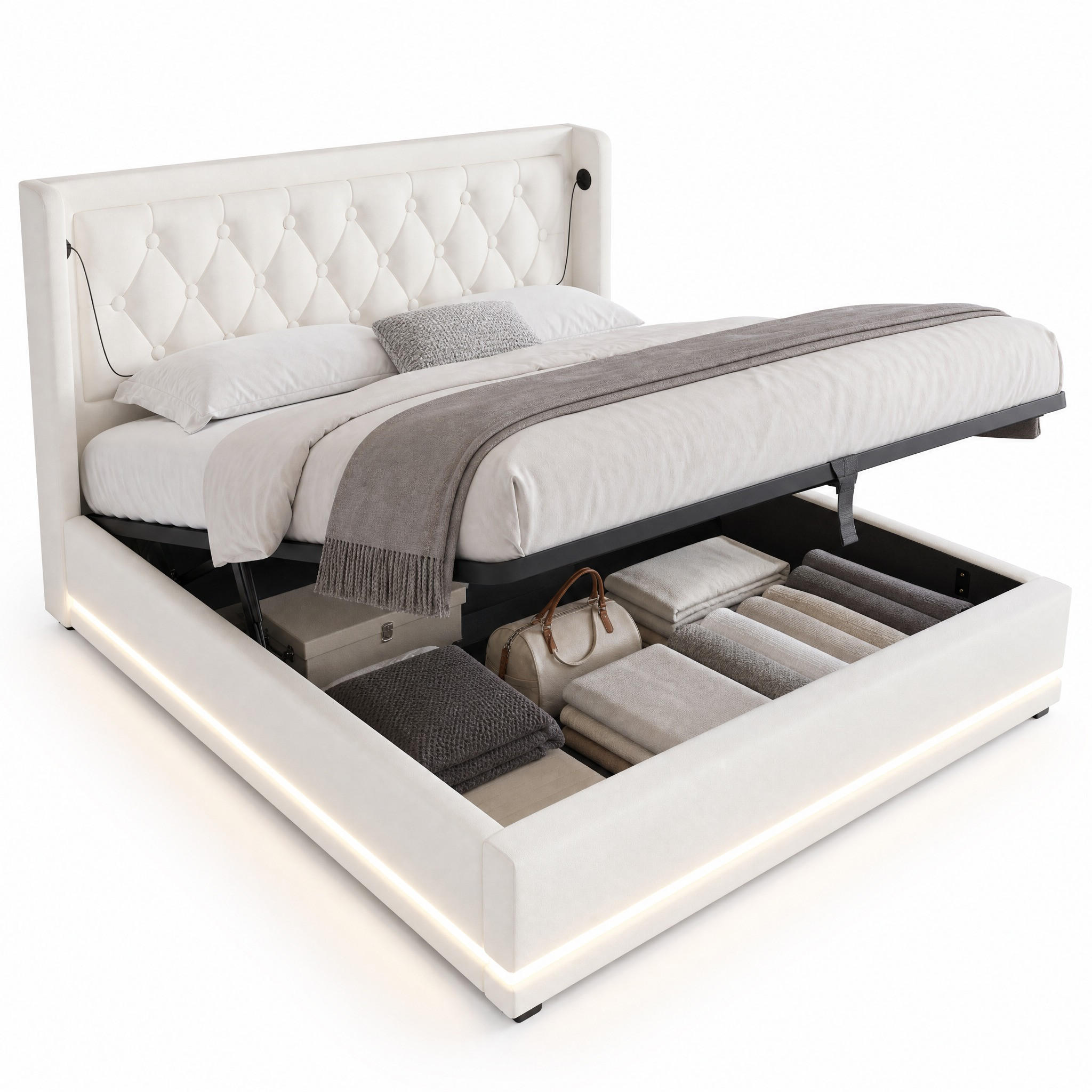 POLSTERBETT 140/200 cm in Weiß mit Bettkasten, LED, USB und Type-C PU - Weiß, Holzwerkstoff/Textil (140/200cm) - STILVORA