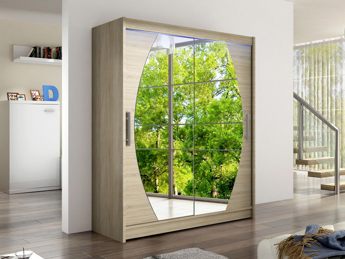 SCHWEBETÜRENSCHRANK Westa VIII, mit RGB LED Beleuchtung - Silberfarben/Sonoma Eiche, Holzwerkstoff/Metall (150/200/58cm) - MIRJAN24
