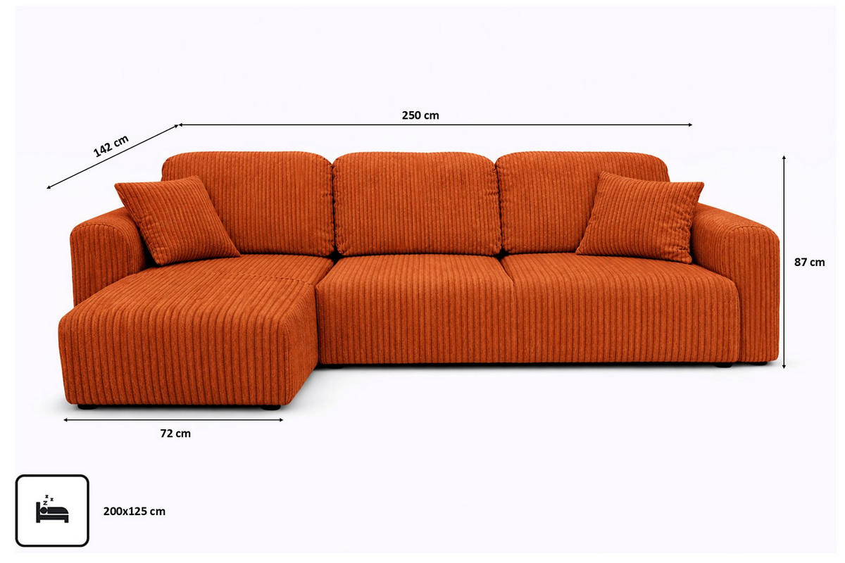 ECKSOFA Mit Schlaffunktion Und Bettkasten, Sofa L-Form Bingo L, Cordstoff Poso, Kupfer, Links - Orange, Holz (250/142cm) - Kaiser Möbel
