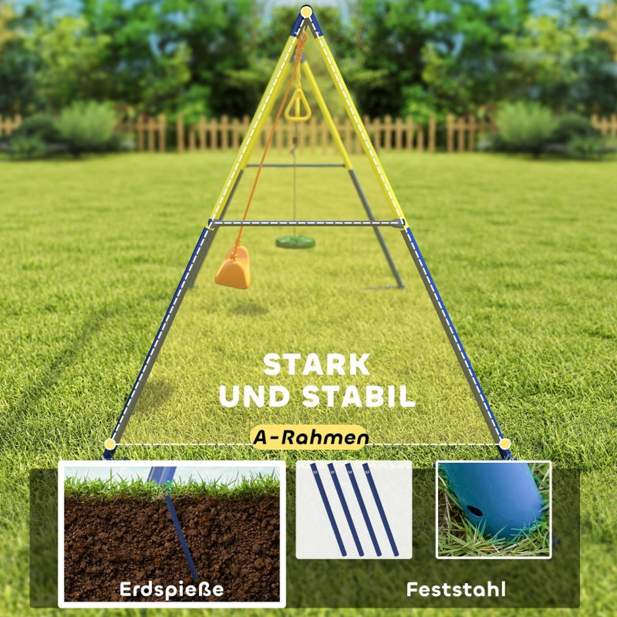 KINDERSCHAUKEL mit klassischer Schaukel 3-in-1, Turnringe, Stehschaukel, 285x160x181cm - Blau, Metall (160/285cm) - Hauptrolle
