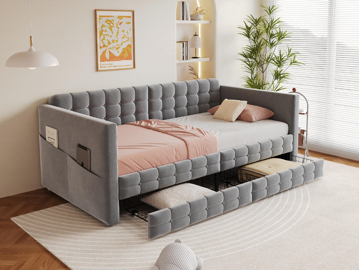 POLSTERBETT 90/190 cm Grau aus Samt mit 2 Schubladen - Grau, Textil (90/190cm) - OKMYHOME
