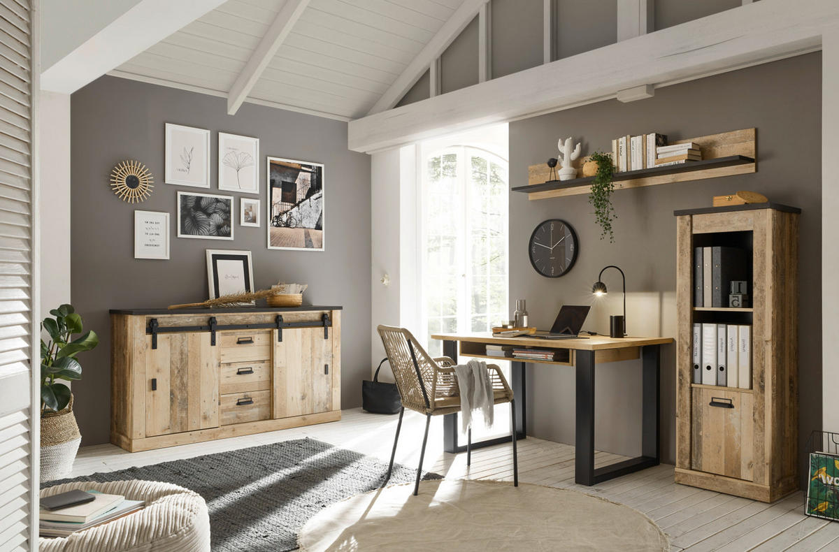 SCHREIBTISCH-SET mit Rollcontainer, Used Wood hell, anthrazit - Eichefarben/Anthrazit, Holzwerkstoff/Metall (60/165/76cm) - Furn.Design