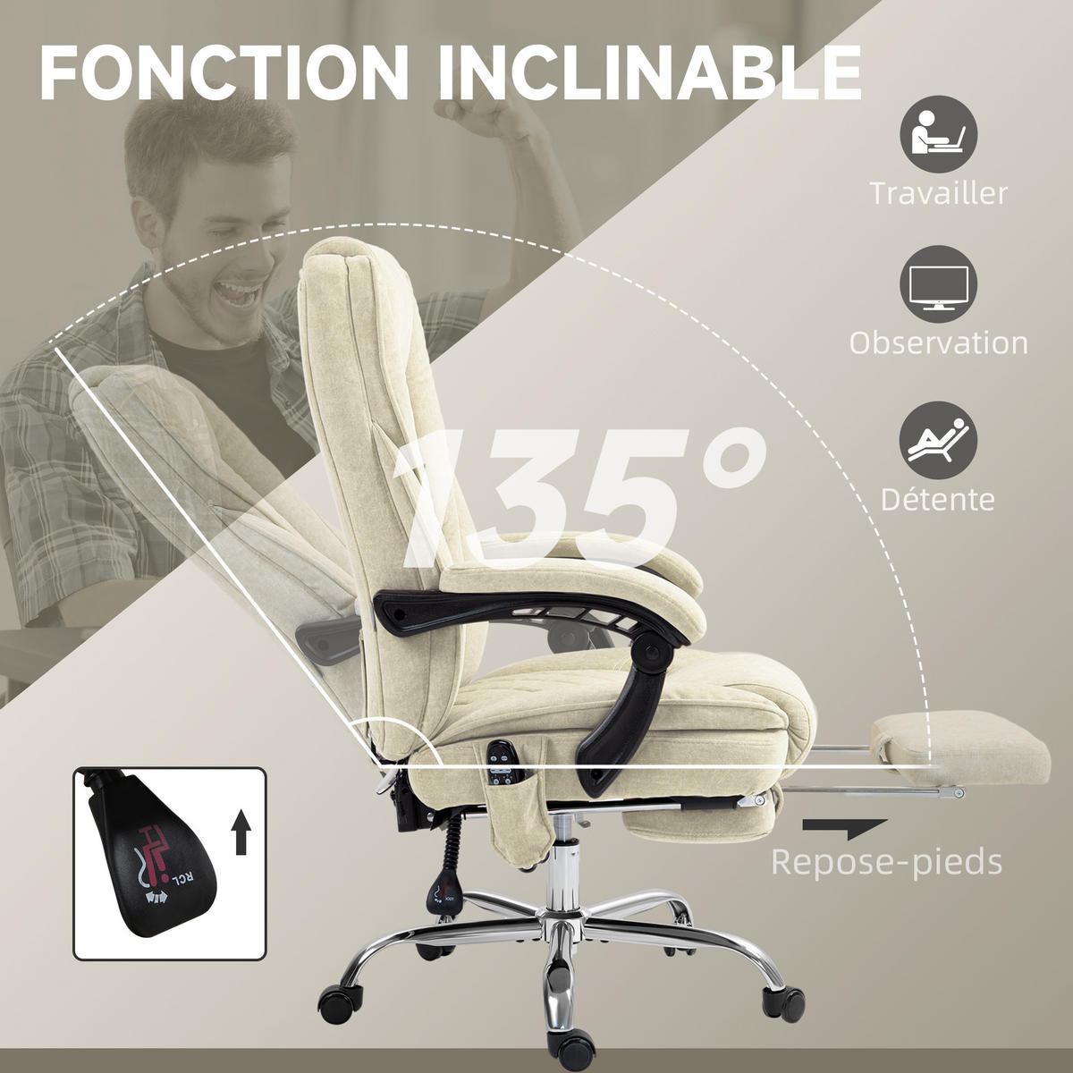 CHEFSESSEL DE-11727 mit Massage- & Heizfunktion Beige - Beige, Textil (72/119/67cm) - ComfortXL
